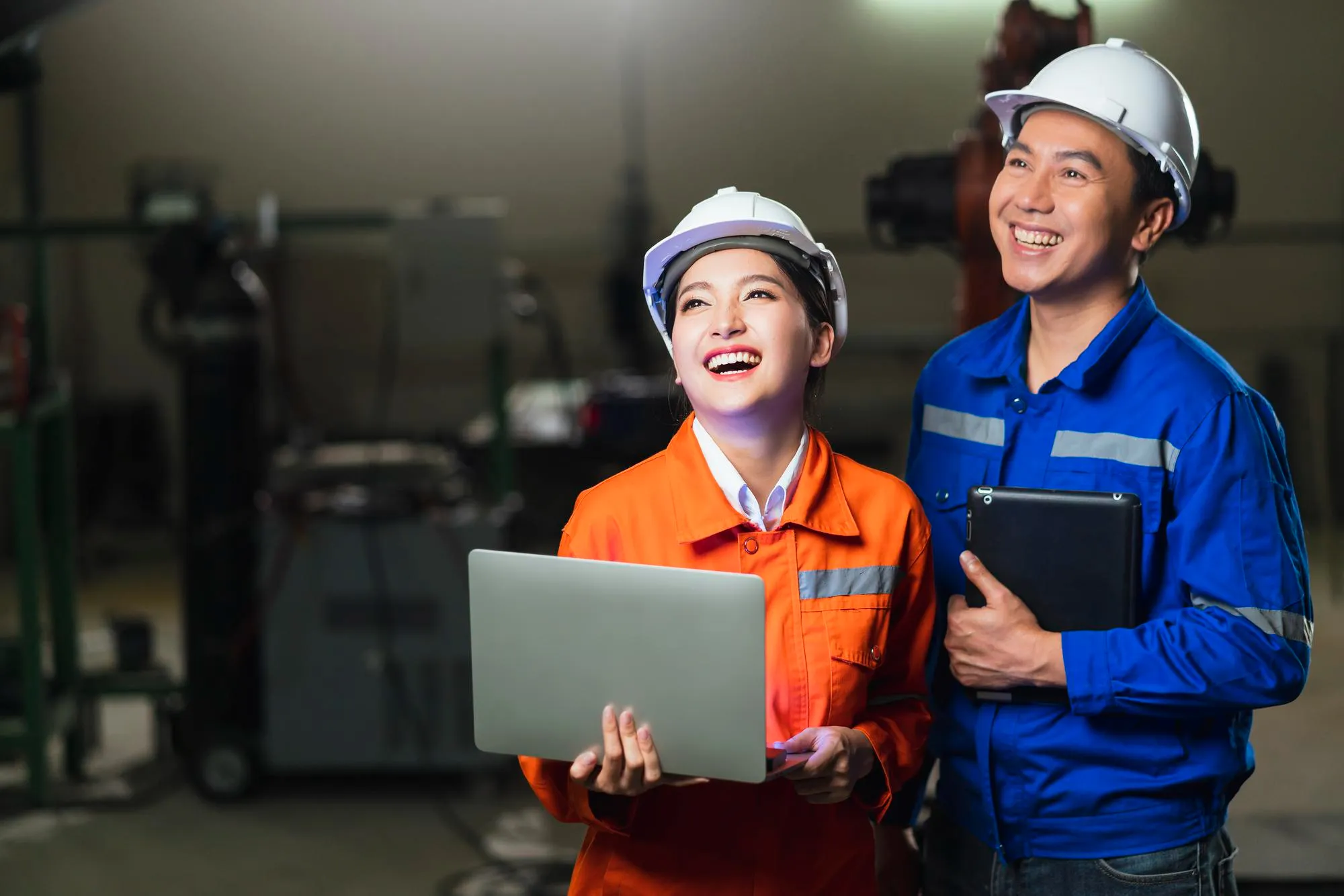 Portrait Asian Emgineer Male Female Technician Safty Uniform Standing Turn Around Look Camera Laugh Smile With Cheerful Confident Machinery Factory Workplace Background