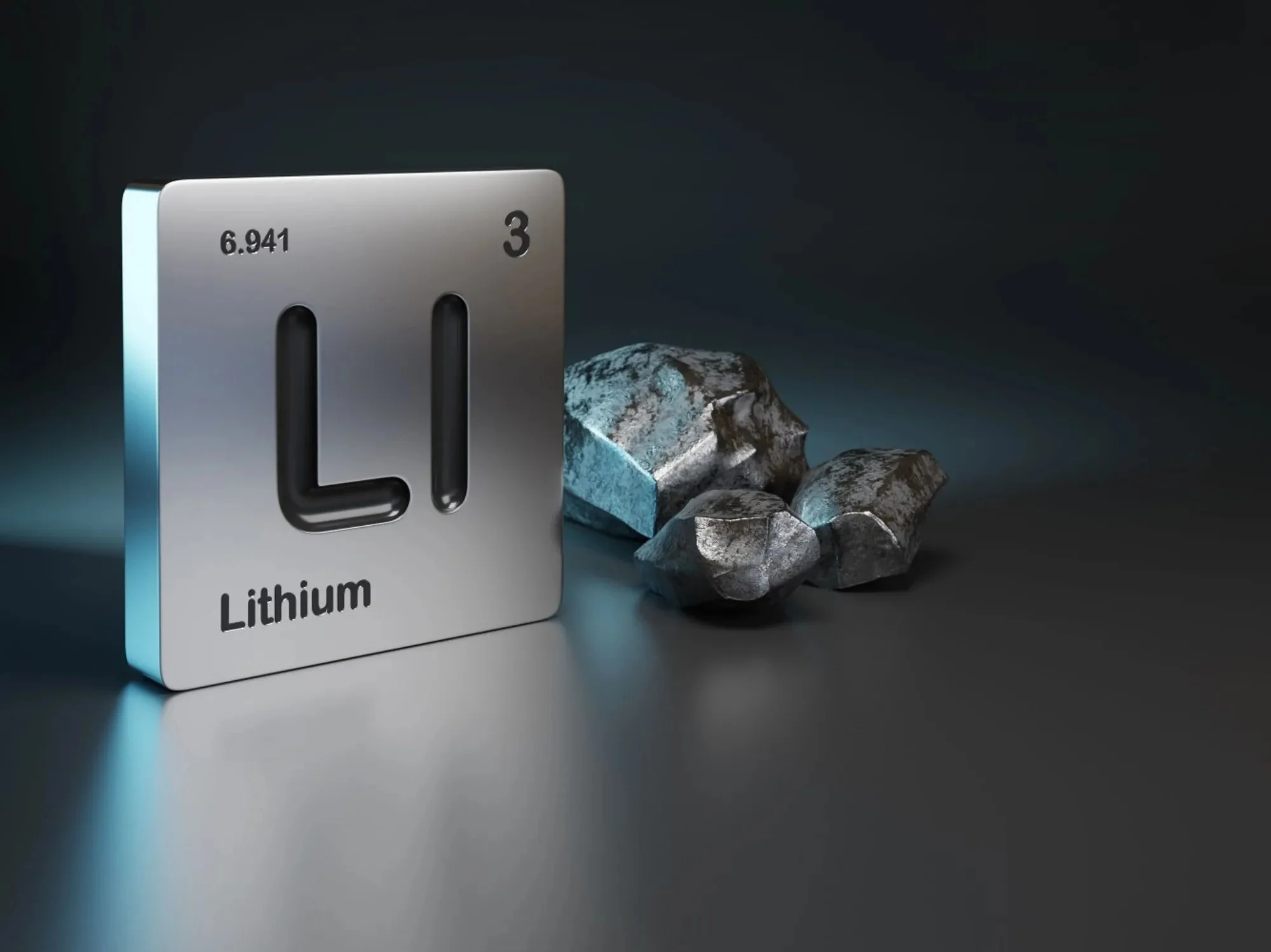 Silver Square With The Lithium Periodic Symbol Standing Upright Next To Lithium Metal